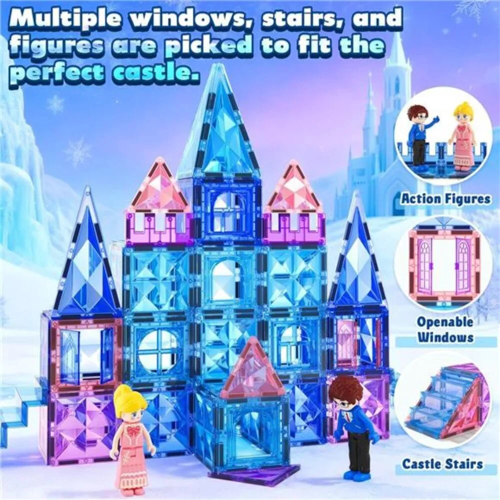 Magnetic Tiles 102pcs with 2 Stairs 2 Dolls Princess Castle Building Girls Toys